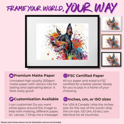 Dobermann Canvas / Poster Print. Colourful Abstract Watercolour Doberman Pinscher Dog Painting Splatter Paint Splash Art, Wall Decor Gifts - CanvasityCrafts - Free Shipping