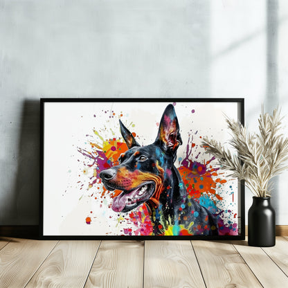 Dobermann Canvas / Poster Print. Colourful Abstract Watercolour Doberman Pinscher Dog Painting Splatter Paint Splash Art, Wall Decor Gifts - CanvasityCrafts - Free Shipping