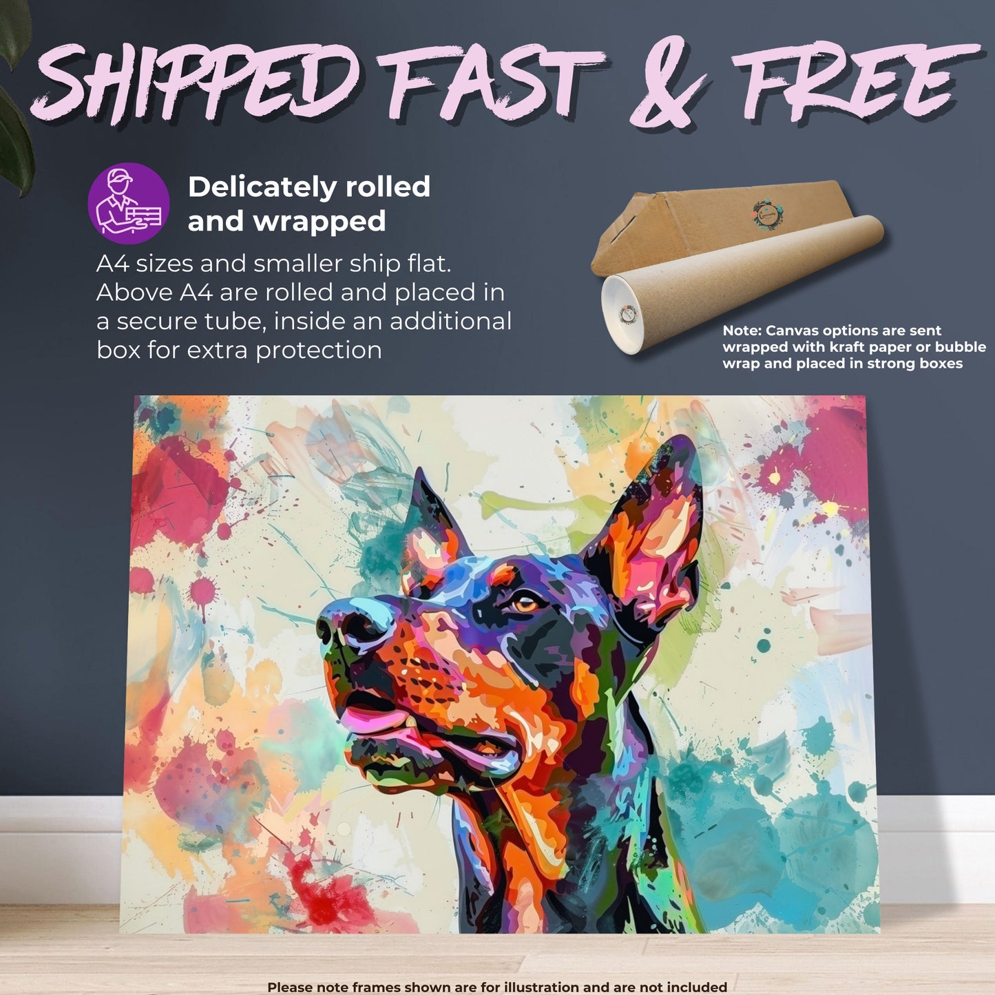 Dobermann Canvas / Poster Print. Colourful Abstract Watercolour Doberman Pinscher Dog Painting Splatter Paint Splash Art, Wall Decor Gifts - CanvasityCrafts - Free Shipping