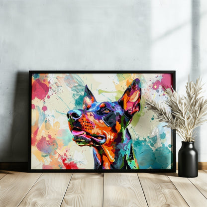 Dobermann Canvas / Poster Print. Colourful Abstract Watercolour Doberman Pinscher Dog Painting Splatter Paint Splash Art, Wall Decor Gifts - CanvasityCrafts - Free Shipping