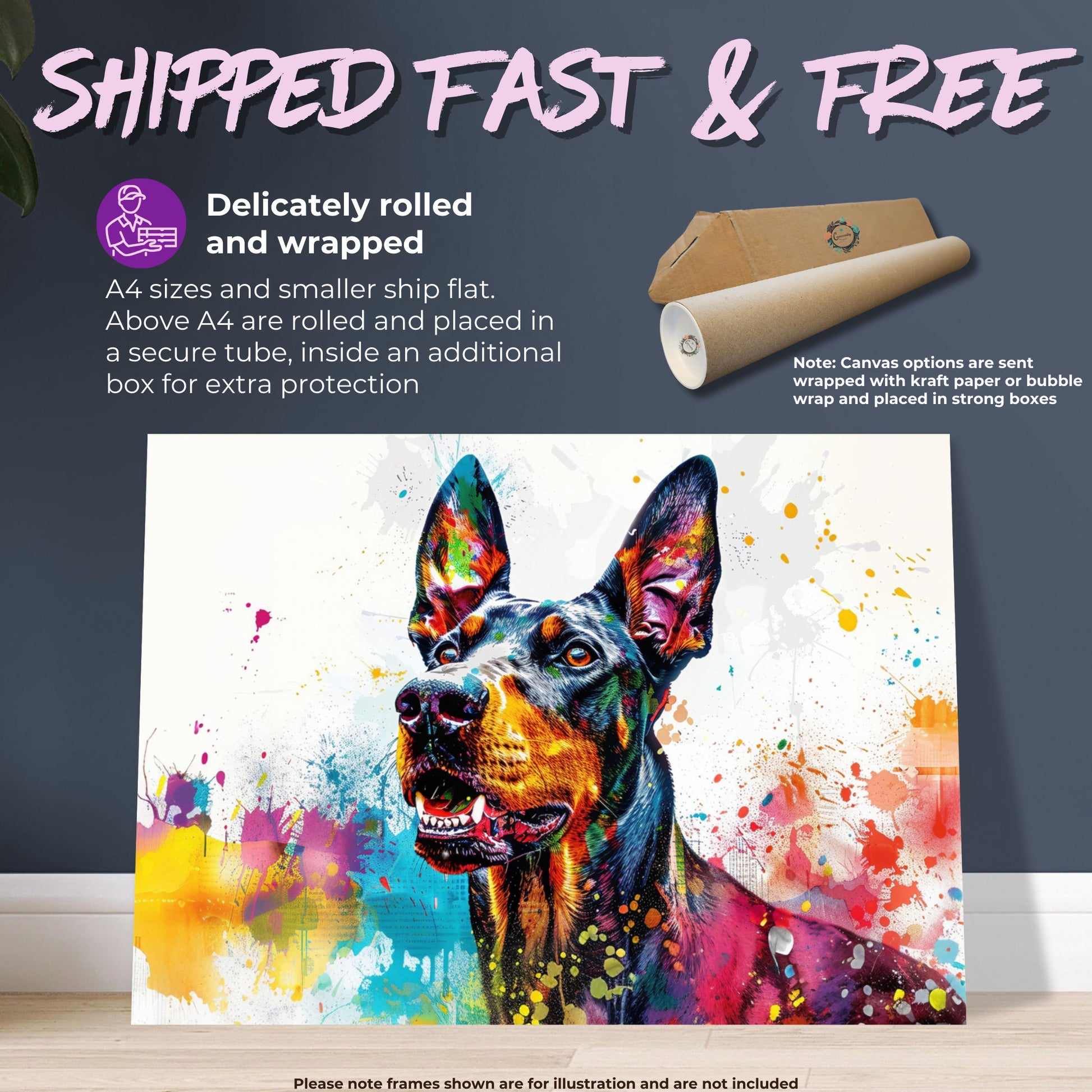 Dobermann Canvas / Poster Print. Colourful Abstract Watercolour Doberman Pinscher Dog Painting Splatter Paint Splash Art, Wall Decor Gifts - CanvasityCrafts - Free Shipping