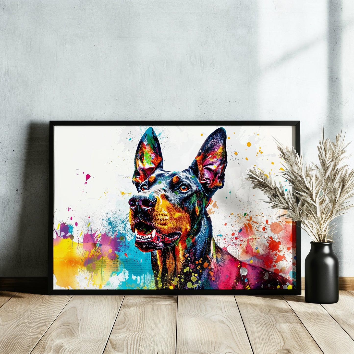 Dobermann Canvas / Poster Print. Colourful Abstract Watercolour Doberman Pinscher Dog Painting Splatter Paint Splash Art, Wall Decor Gifts - CanvasityCrafts - Free Shipping