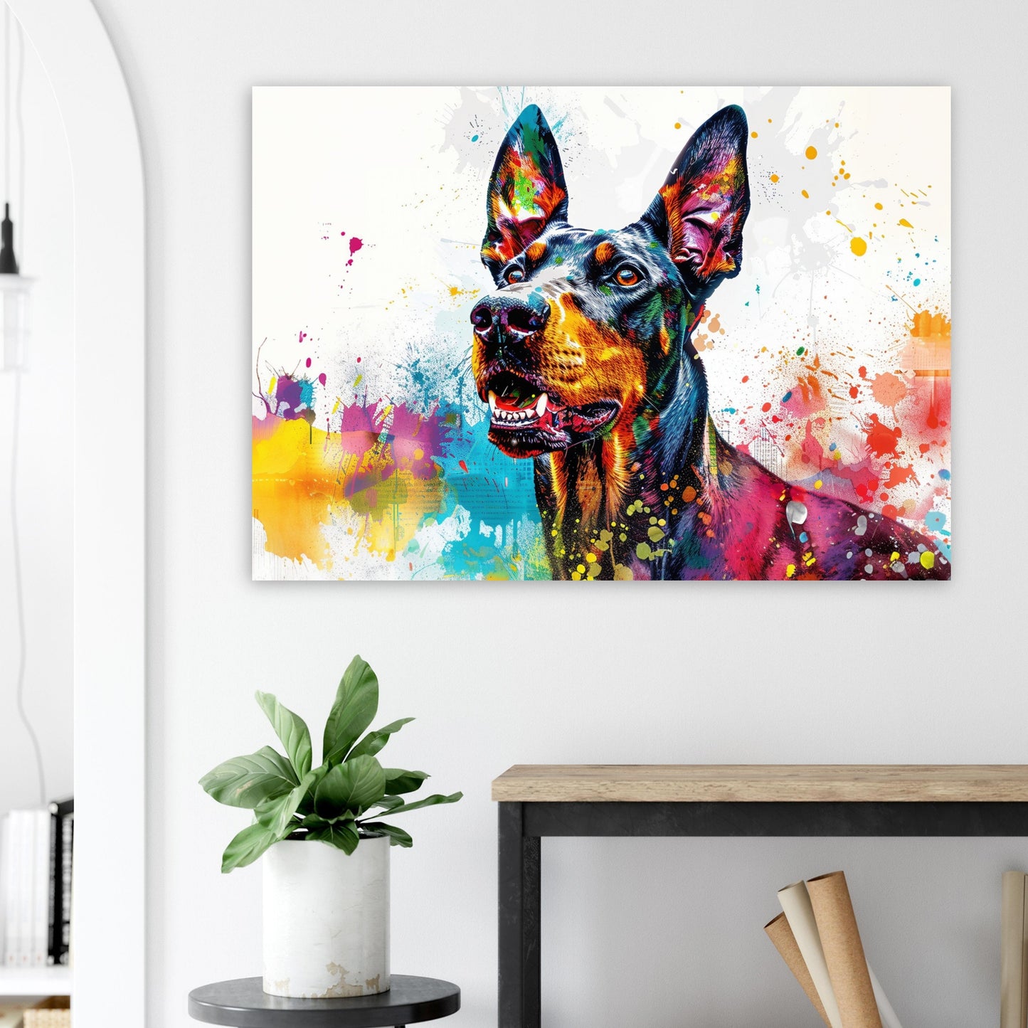 Dobermann Canvas / Poster Print. Colourful Abstract Watercolour Doberman Pinscher Dog Painting Splatter Paint Splash Art, Wall Decor Gifts - CanvasityCrafts - Free Shipping