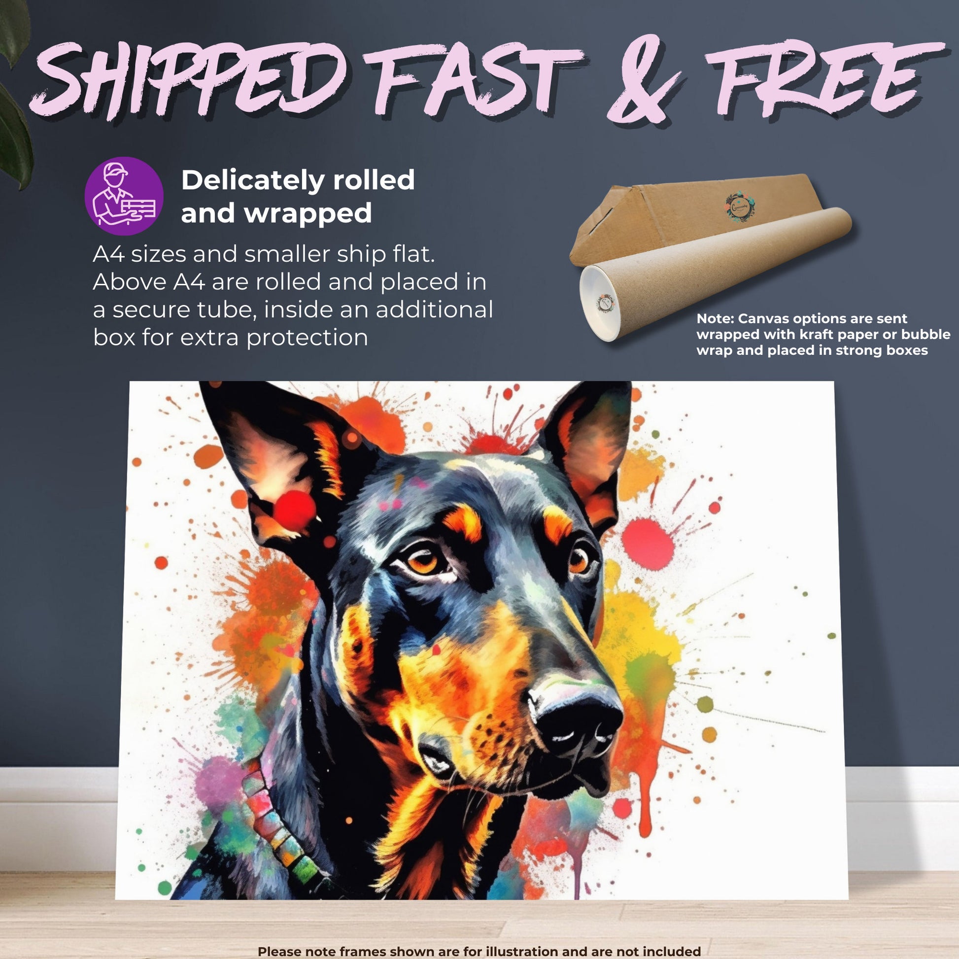 Dobermann Canvas / Poster Print. Colourful Abstract Watercolour Doberman Pinscher Dog Painting Splatter Paint Splash Art, Wall Decor Gifts - CanvasityCrafts - Free Shipping