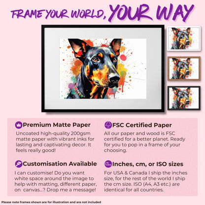 Dobermann Canvas / Poster Print. Colourful Abstract Watercolour Doberman Pinscher Dog Painting Splatter Paint Splash Art, Wall Decor Gifts - CanvasityCrafts - Free Shipping