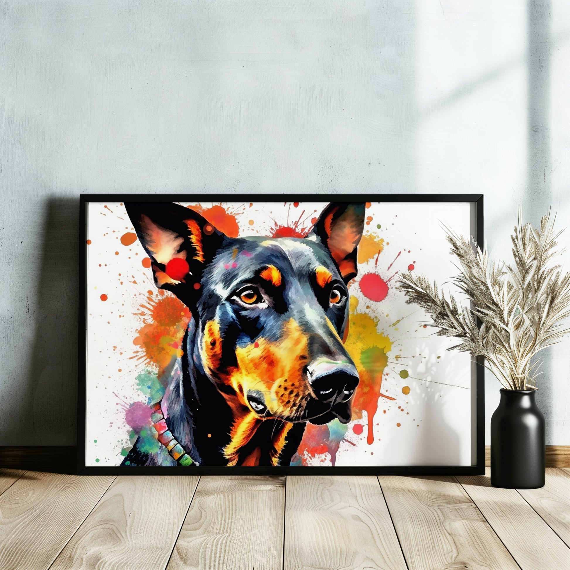 Dobermann Canvas / Poster Print. Colourful Abstract Watercolour Doberman Pinscher Dog Painting Splatter Paint Splash Art, Wall Decor Gifts - CanvasityCrafts - Free Shipping