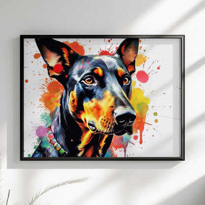 Dobermann Canvas / Poster Print. Colourful Abstract Watercolour Doberman Pinscher Dog Painting Splatter Paint Splash Art, Wall Decor Gifts - CanvasityCrafts - Free Shipping