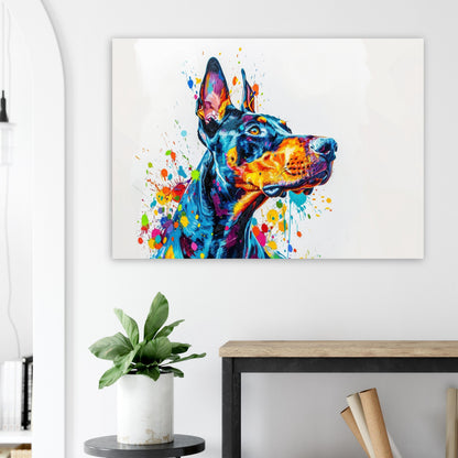 Dobermann Canvas / Poster Print. Colourful Abstract Watercolour Doberman Pinscher Dog Painting Splatter Paint Splash Art, Wall Decor Gifts - CanvasityCrafts - Free Shipping