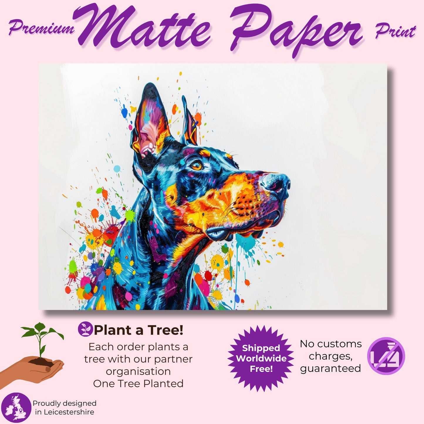 Dobermann Canvas / Poster Print. Colourful Abstract Watercolour Doberman Pinscher Dog Painting Splatter Paint Splash Art, Wall Decor Gifts - CanvasityCrafts - Free Shipping