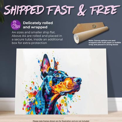 Dobermann Canvas / Poster Print. Colourful Abstract Watercolour Doberman Pinscher Dog Painting Splatter Paint Splash Art, Wall Decor Gifts - CanvasityCrafts - Free Shipping