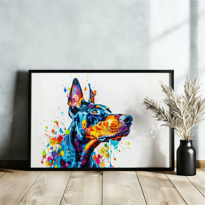 Dobermann Canvas / Poster Print. Colourful Abstract Watercolour Doberman Pinscher Dog Painting Splatter Paint Splash Art, Wall Decor Gifts - CanvasityCrafts - Free Shipping