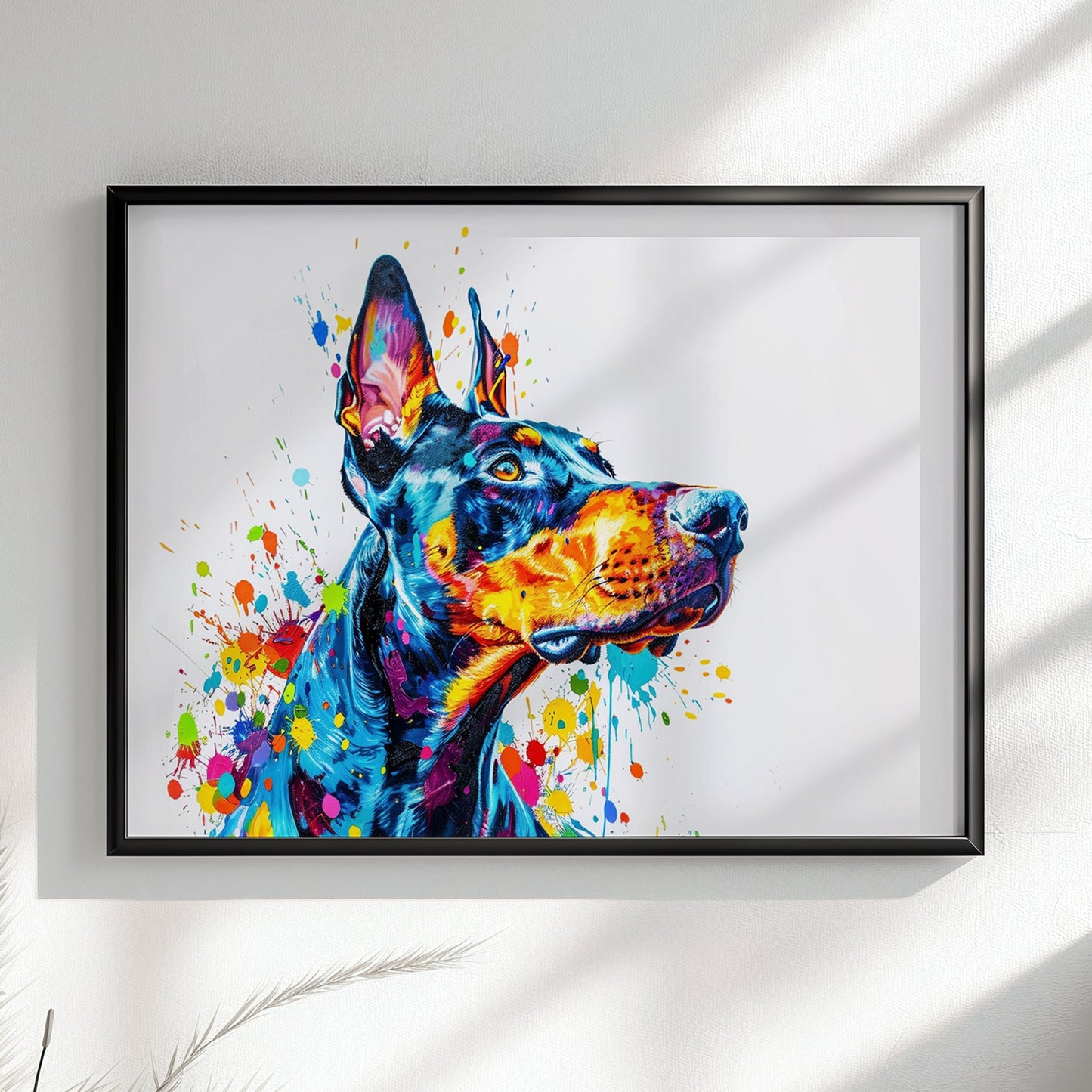 Dobermann Canvas / Poster Print. Colourful Abstract Watercolour Doberman Pinscher Dog Painting Splatter Paint Splash Art, Wall Decor Gifts - CanvasityCrafts - Free Shipping