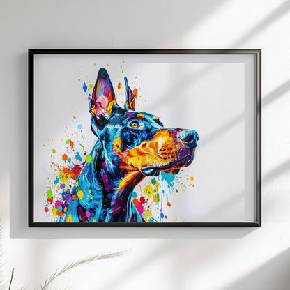 Dobermann Canvas / Poster Print. Colourful Abstract Watercolour Doberman Pinscher Dog Painting Splatter Paint Splash Art, Wall Decor Gifts - CanvasityCrafts - Free Shipping