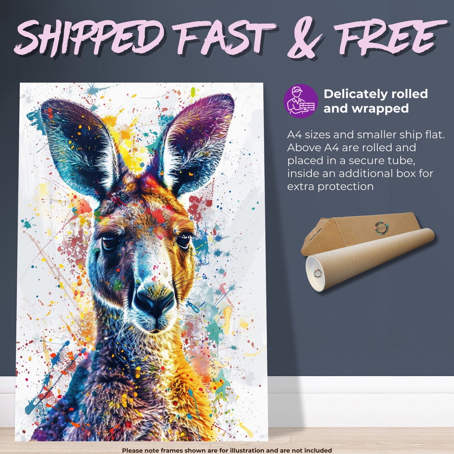 Paint Splash Kangaroo Poster Print. Abstract Watercolour Wall Decor Gift, Portrait Painting, Colourful Australian Animals, Joey, Wallaby Art - CanvasityCrafts - Free Shipping