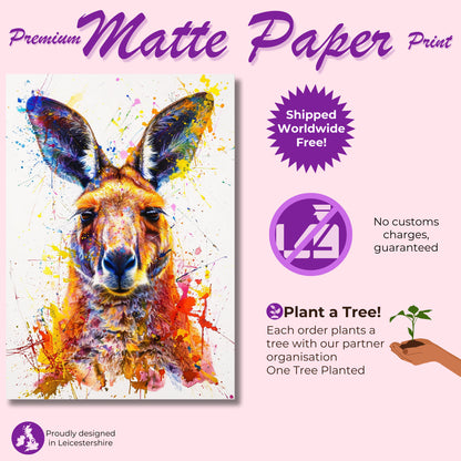 Paint Splash Kangaroo Poster Print. Abstract Watercolour Wall Decor Gift, Portrait Painting, Colourful Australian Animals, Joey, Wallaby Art - CanvasityCrafts - Free Shipping