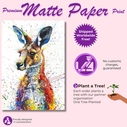 Paint Splash Kangaroo Poster Print. Abstract Watercolour Wall Decor Gift, Portrait Painting, Colourful Australian Animals, Joey, Wallaby Art - CanvasityCrafts - Free Shipping