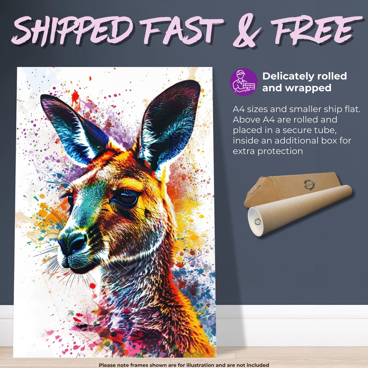 Paint Splash Kangaroo Poster Print. Abstract Watercolour Wall Decor Gift, Portrait Painting, Colourful Australian Animals, Joey, Wallaby Art - CanvasityCrafts - Free Shipping