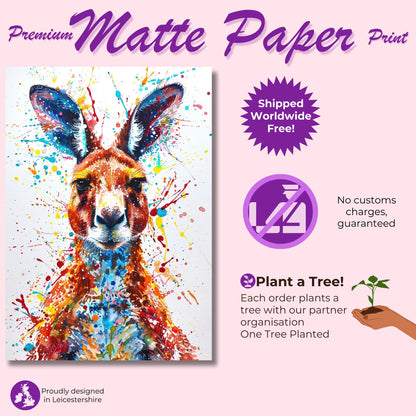 Paint Splash Kangaroo Poster Print. Abstract Watercolour Wall Decor Gift, Portrait Painting, Colourful Australian Animals, Joey, Wallaby Art - CanvasityCrafts - Free Shipping