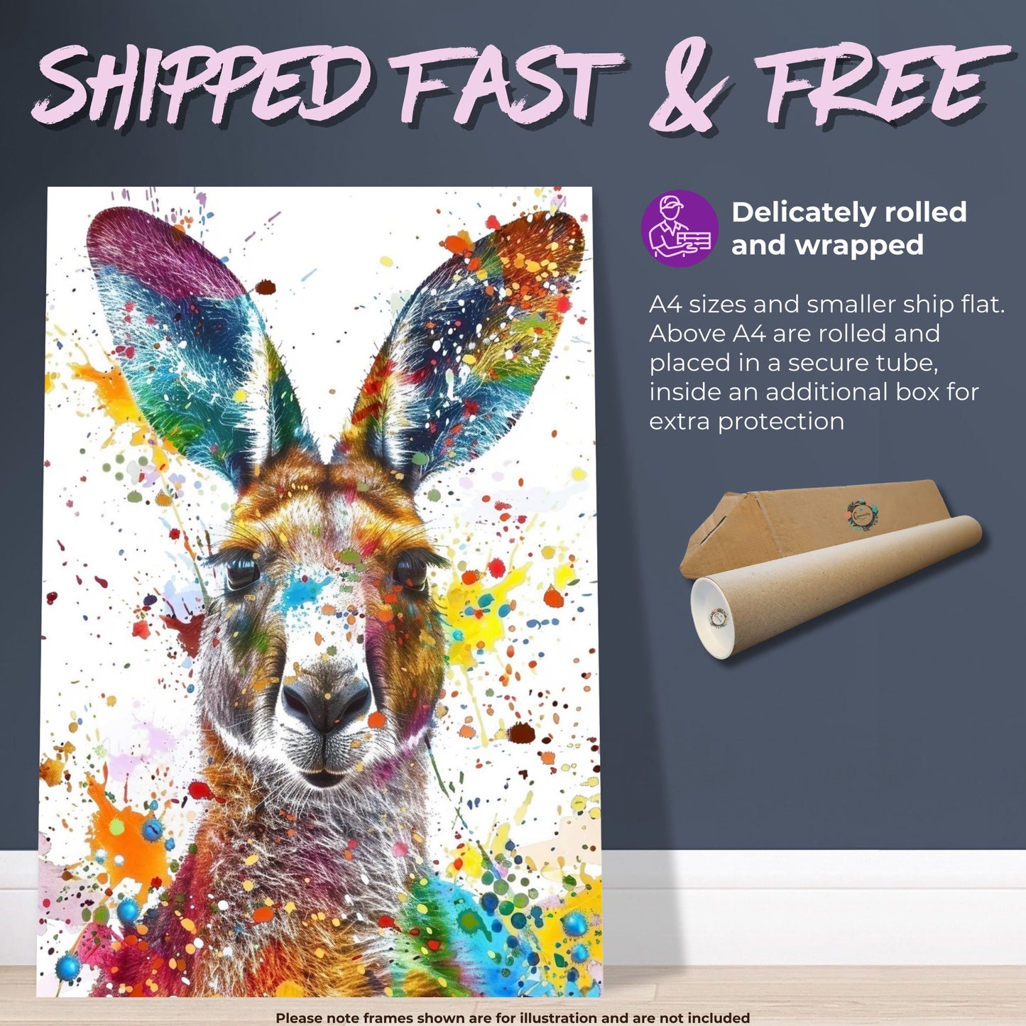 Paint Splash Kangaroo Poster Print. Abstract Watercolour Wall Decor Gift, Portrait Painting, Colourful Australian Animals, Joey, Wallaby Art - CanvasityCrafts - Free Shipping