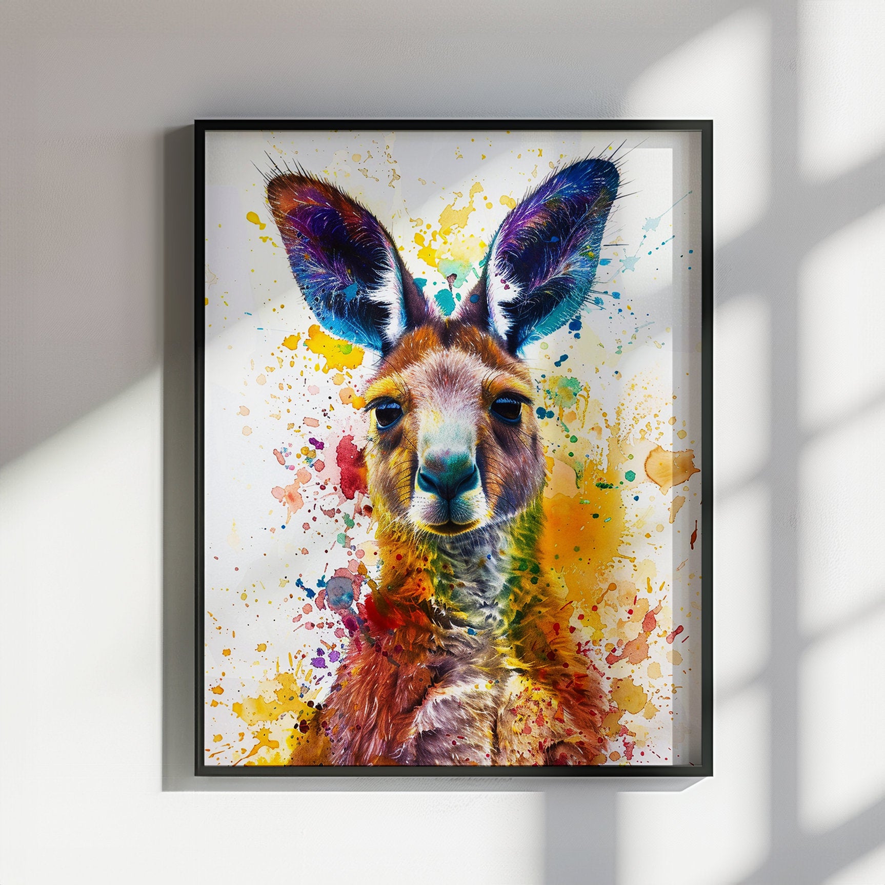 Paint Splash Kangaroo Poster Print. Abstract Watercolour Wall Decor Gift, Portrait Painting, Colourful Australian Animals, Joey, Wallaby Art - CanvasityCrafts - Free Shipping