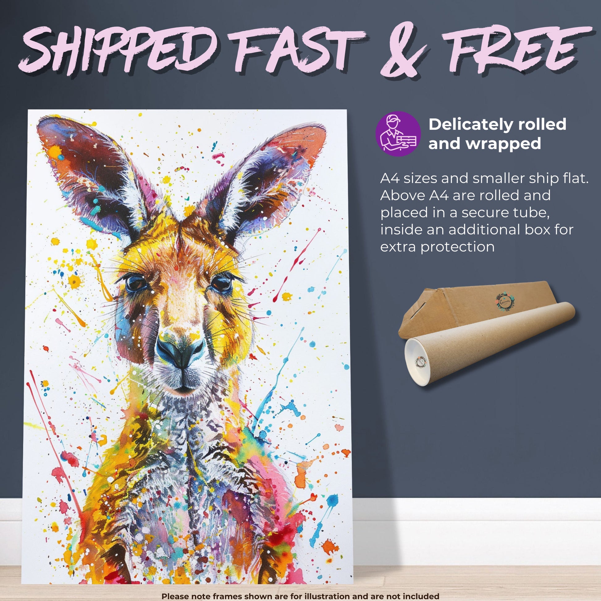 Paint Splash Kangaroo Poster Print. Abstract Watercolour Wall Decor Gift, Portrait Painting, Colourful Australian Animals, Joey, Wallaby Art - CanvasityCrafts - Free Shipping