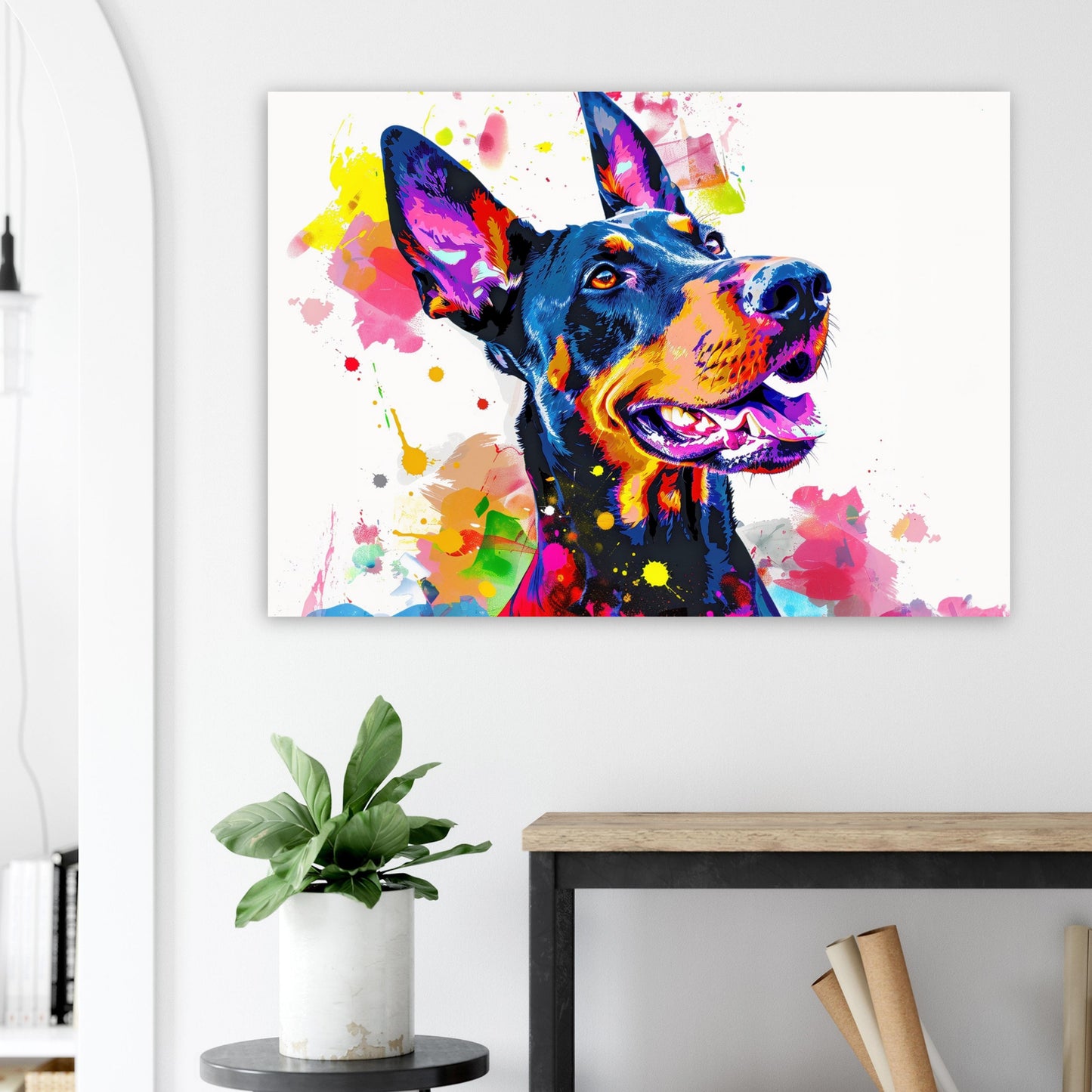 Pop Art Dobermann Canvas / Poster Print. Colourful Abstract Doberman Pinscher Dog Painting Splatter Paint Splash Art, Wall Decor Gifts - CanvasityCrafts - Free Shipping