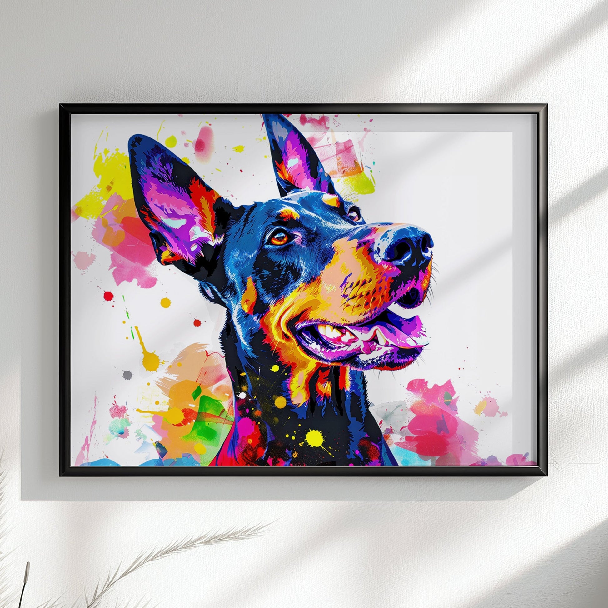 Pop Art Dobermann Canvas / Poster Print. Colourful Abstract Doberman Pinscher Dog Painting Splatter Paint Splash Art, Wall Decor Gifts - CanvasityCrafts - Free Shipping