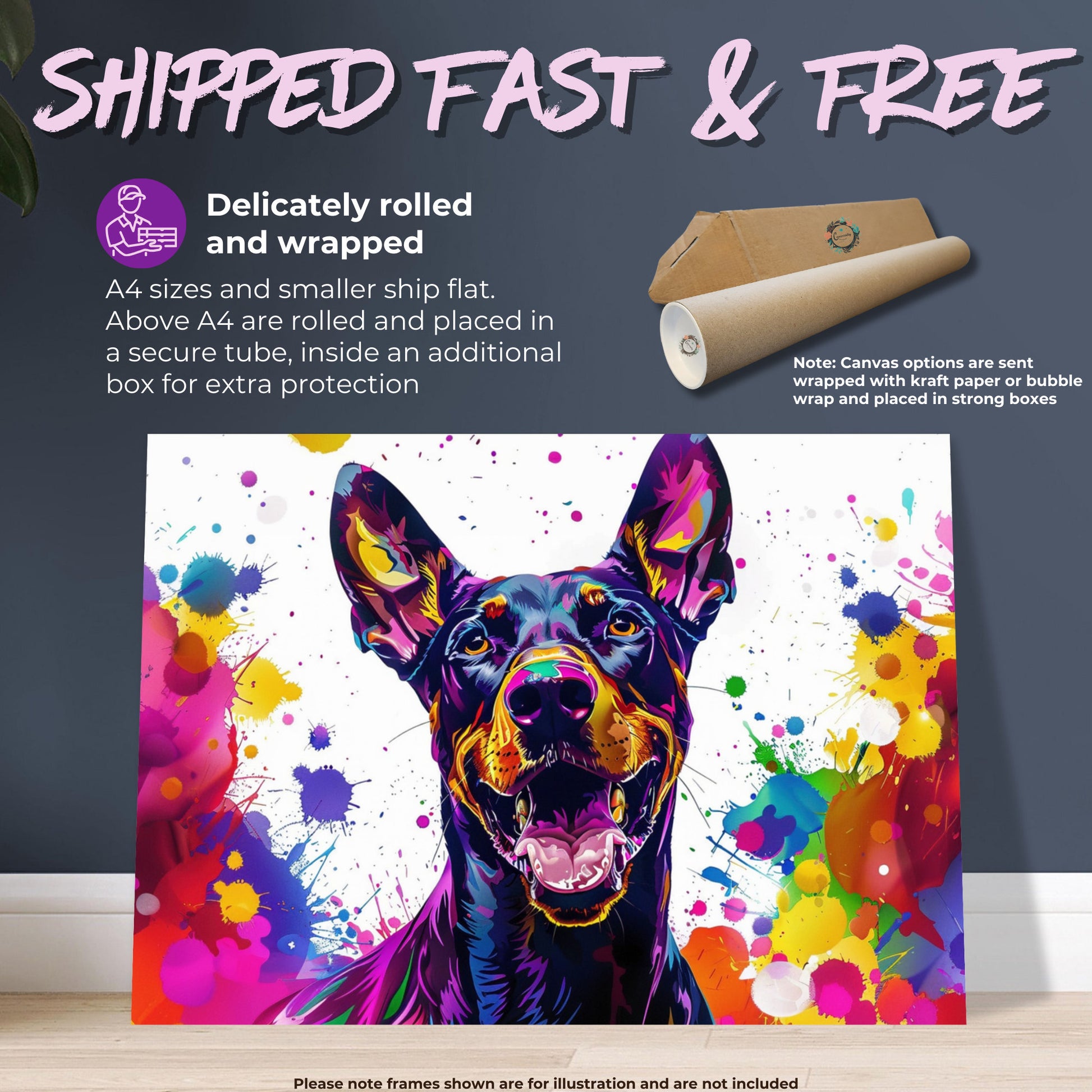 Pop Art Dobermann Canvas / Poster Print. Colourful Abstract Doberman Pinscher Dog Painting Splatter Paint Splash Art, Wall Decor Gifts - CanvasityCrafts - Free Shipping