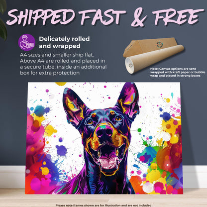 Pop Art Dobermann Canvas / Poster Print. Colourful Abstract Doberman Pinscher Dog Painting Splatter Paint Splash Art, Wall Decor Gifts - CanvasityCrafts - Free Shipping