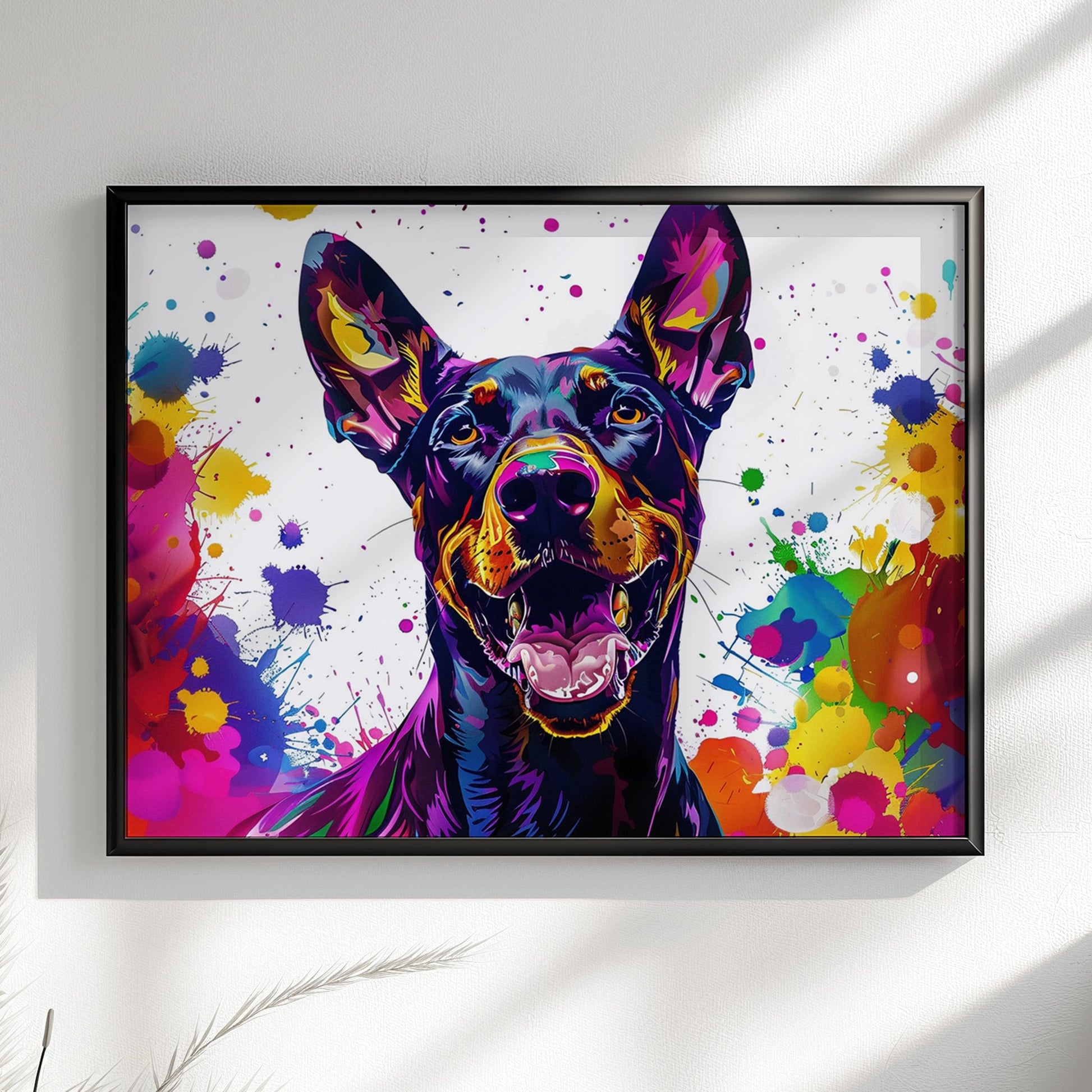 Pop Art Dobermann Canvas / Poster Print. Colourful Abstract Doberman Pinscher Dog Painting Splatter Paint Splash Art, Wall Decor Gifts - CanvasityCrafts - Free Shipping