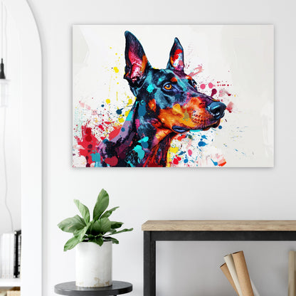 Pop Art Dobermann Canvas / Poster Print. Colourful Abstract Doberman Pinscher Dog Painting Splatter Paint Splash Art, Wall Decor Gifts - CanvasityCrafts - Free Shipping