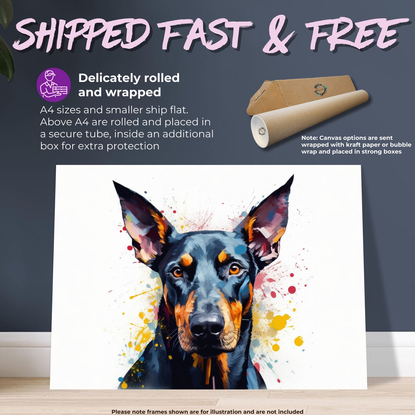 Dobermann Canvas / Poster Print. Colourful WatercoloAbstract Doberman Pinscher Dog Painting Splatter Paint Splash Art, Wall Decor Gifts - CanvasityCrafts - Free Shipping