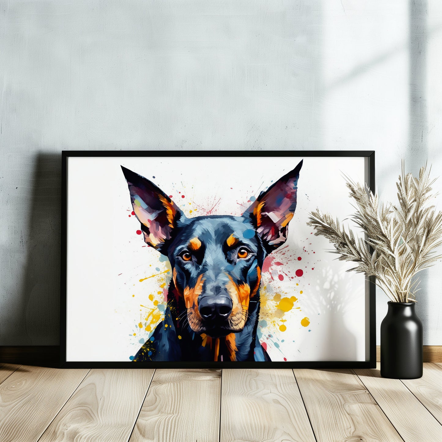 Dobermann Canvas / Poster Print. Colourful WatercoloAbstract Doberman Pinscher Dog Painting Splatter Paint Splash Art, Wall Decor Gifts - CanvasityCrafts - Free Shipping