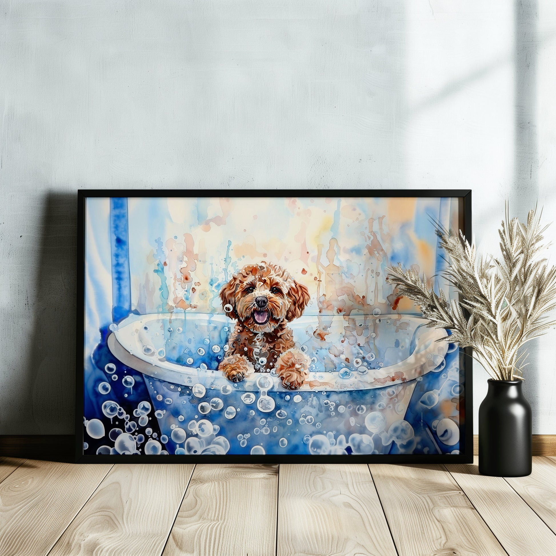 Cute Cockapoo Canvas / Poster Print. Colourful Watercolour Doodle Dog Bathtub Painting Splatter Paint Splash Art, Wall Decor Gifts - CanvasityCrafts - Free Shipping