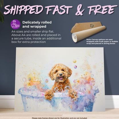 Cockapoo Canvas / Poster Print. Colourful Watercolour Doodle Dog Bathtub Painting Splatter Paint Splash Art, Groomers Wall Decor Gifts - CanvasityCrafts - Free Shipping