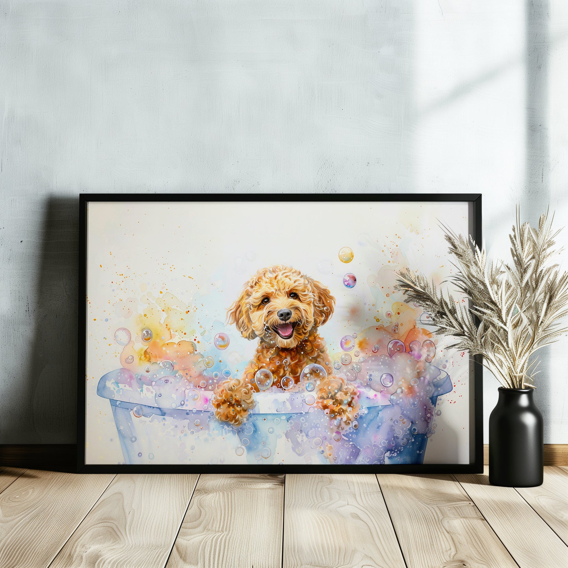 Cockapoo Canvas / Poster Print. Colourful Watercolour Doodle Dog Bathtub Painting Splatter Paint Splash Art, Groomers Wall Decor Gifts - CanvasityCrafts - Free Shipping