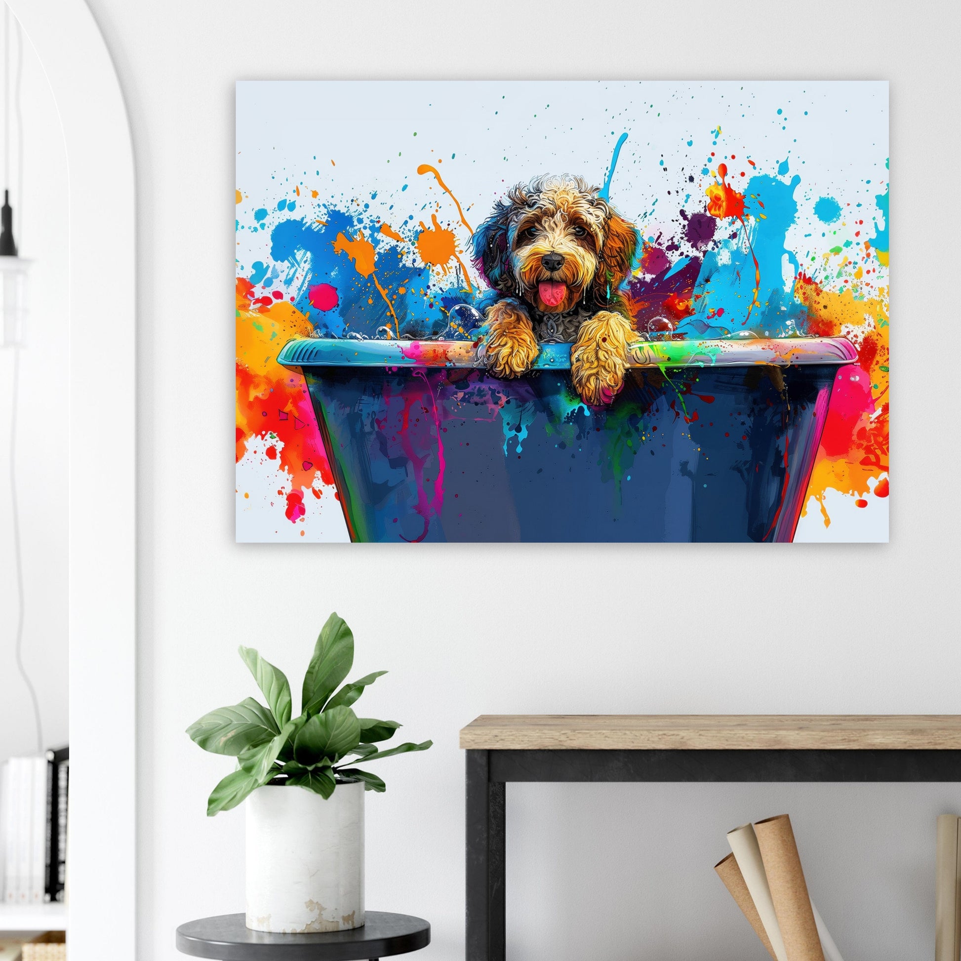 Pop Art Cockapoo Canvas / Poster Print. Colourful Watercolour Doodle Dog Bathtub Painting Splatter Paint Splash Art Groomers Wall Decor Gift - CanvasityCrafts - Free Shipping