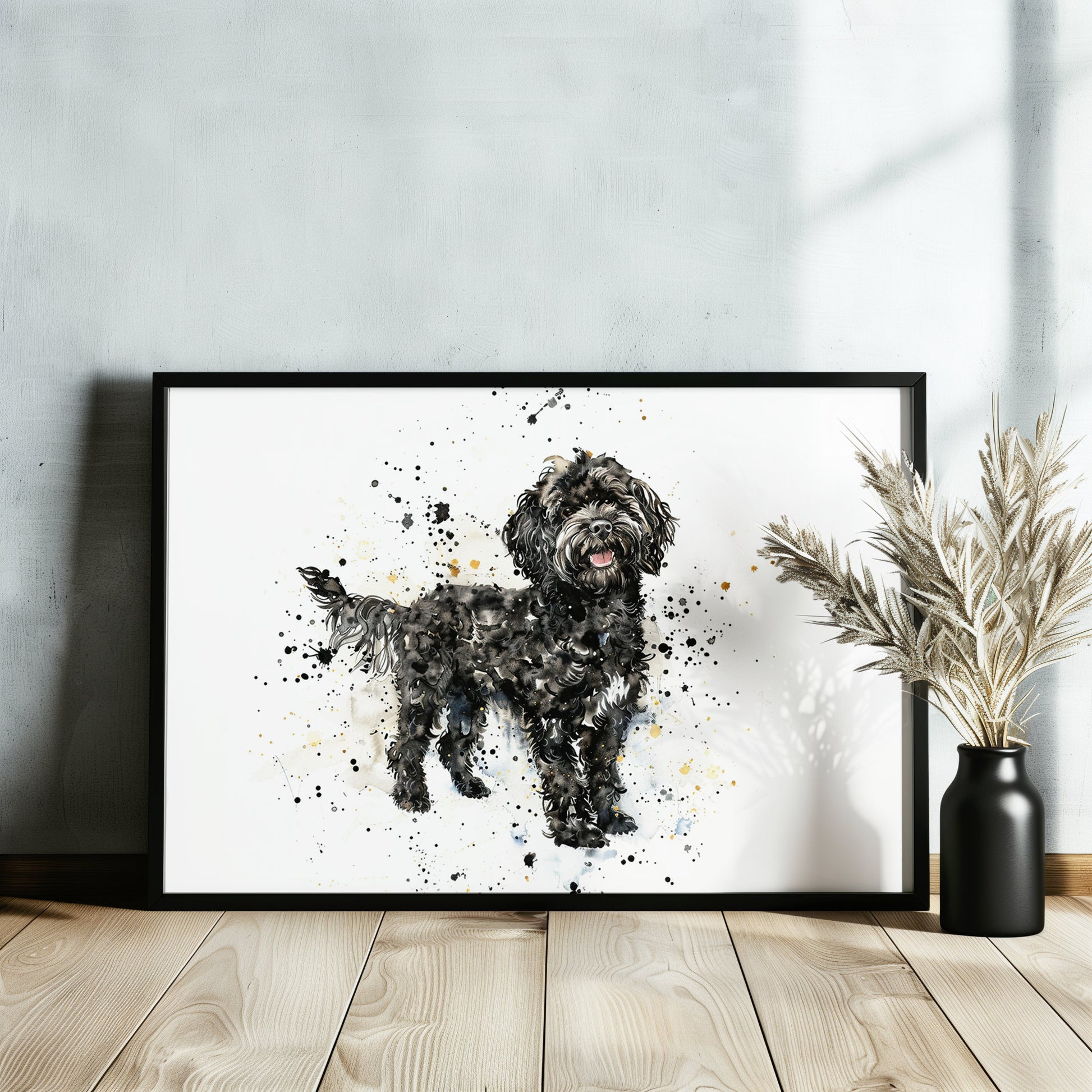 Black Cockapoo Canvas / Poster Print. Colourful Watercolour Happy Doodle Dog Painting Splatter Paint Splash Art, Cavapoo Wall Decor Gift - CanvasityCrafts - Free Shipping