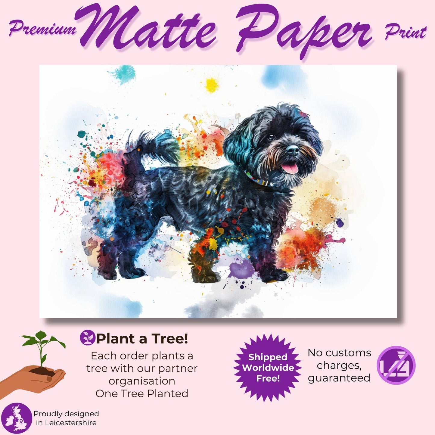 Black Cockapoo Canvas / Poster Print. Colourful Watercolour Happy Doodle Dog Painting Splatter Paint Splash Art, Cavapoo Wall Decor Gift - CanvasityCrafts - Free Shipping