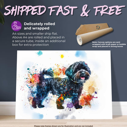 Black Cockapoo Canvas / Poster Print. Colourful Watercolour Happy Doodle Dog Painting Splatter Paint Splash Art, Cavapoo Wall Decor Gift - CanvasityCrafts - Free Shipping