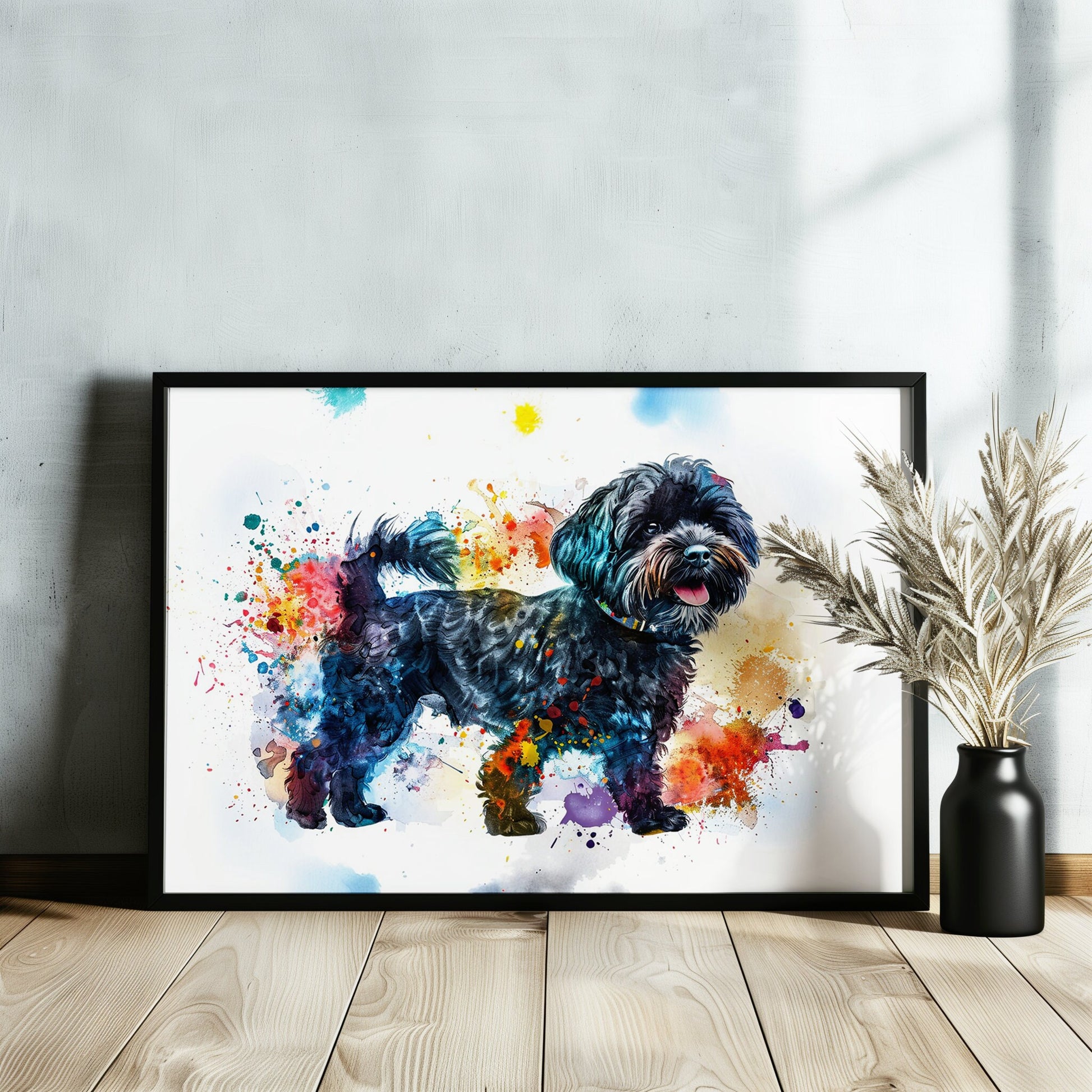 Black Cockapoo Canvas / Poster Print. Colourful Watercolour Happy Doodle Dog Painting Splatter Paint Splash Art, Cavapoo Wall Decor Gift - CanvasityCrafts - Free Shipping