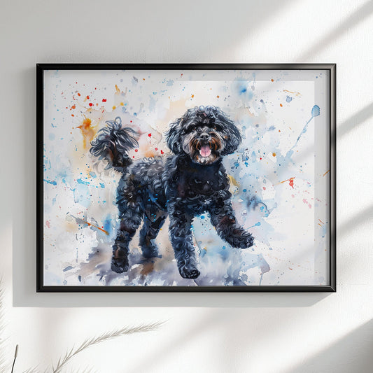 Black Cockapoo Canvas / Poster Print. Colourful Watercolour Happy Doodle Dog Painting Splatter Paint Splash Art, Cavapoo Wall Decor Gift - CanvasityCrafts - Free Shipping