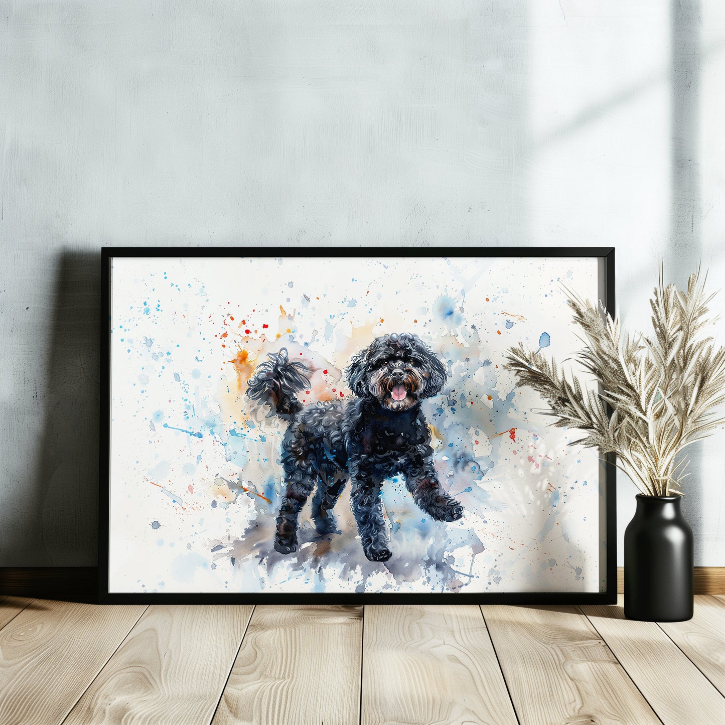 Black Cockapoo Canvas / Poster Print. Colourful Watercolour Happy Doodle Dog Painting Splatter Paint Splash Art, Cavapoo Wall Decor Gift - CanvasityCrafts - Free Shipping