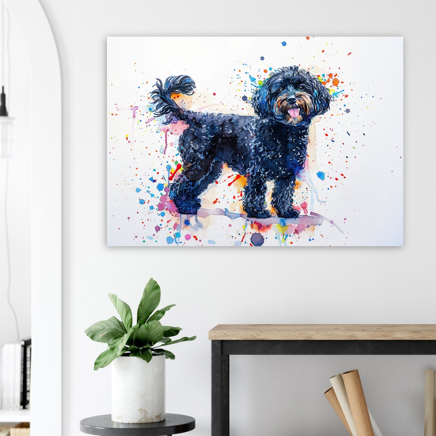 Black Cockapoo Canvas / Poster Print. Colourful Watercolour Happy Doodle Dog Painting Splatter Paint Splash Art, Cavapoo Wall Decor Gift - CanvasityCrafts - Free Shipping