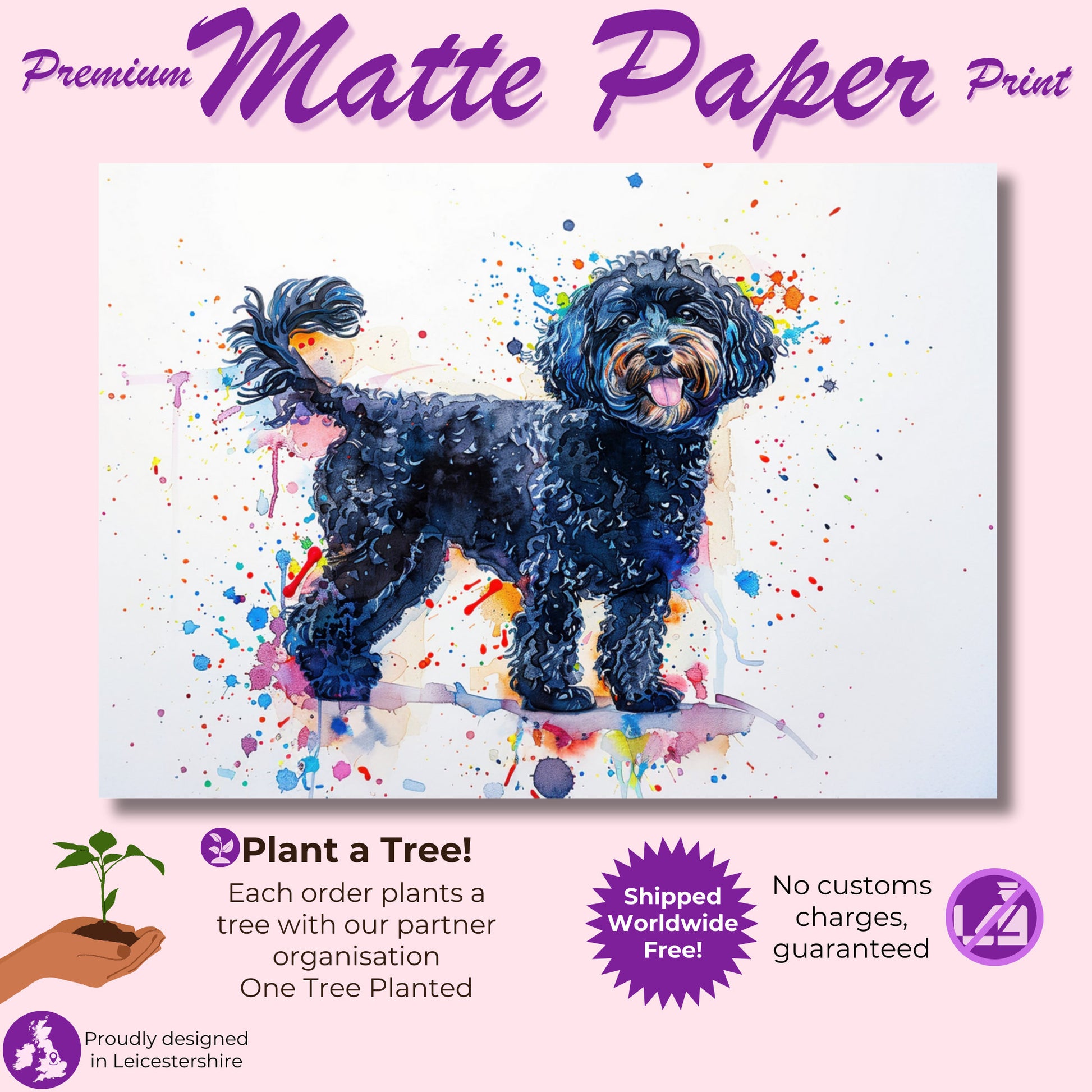 Black Cockapoo Canvas / Poster Print. Colourful Watercolour Happy Doodle Dog Painting Splatter Paint Splash Art, Cavapoo Wall Decor Gift - CanvasityCrafts - Free Shipping