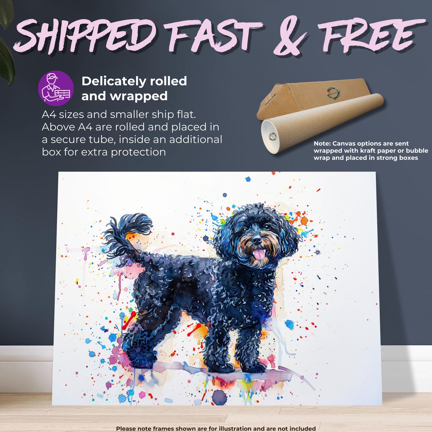 Black Cockapoo Canvas / Poster Print. Colourful Watercolour Happy Doodle Dog Painting Splatter Paint Splash Art, Cavapoo Wall Decor Gift - CanvasityCrafts - Free Shipping