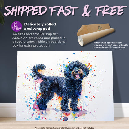 Black Cockapoo Canvas / Poster Print. Colourful Watercolour Happy Doodle Dog Painting Splatter Paint Splash Art, Cavapoo Wall Decor Gift - CanvasityCrafts - Free Shipping