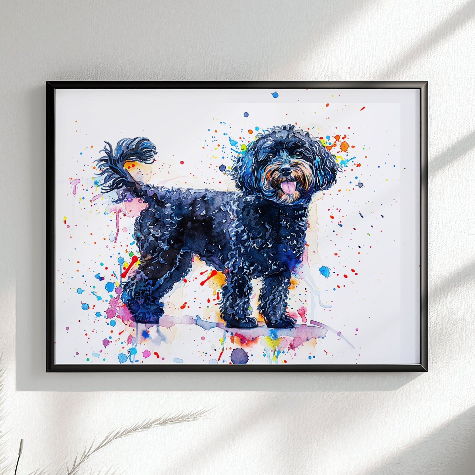 Black Cockapoo Canvas / Poster Print. Colourful Watercolour Happy Doodle Dog Painting Splatter Paint Splash Art, Cavapoo Wall Decor Gift - CanvasityCrafts - Free Shipping