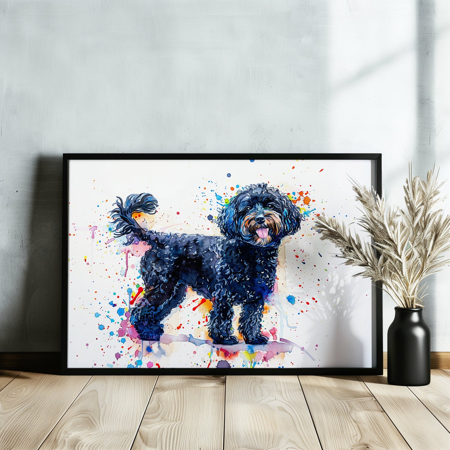 Black Cockapoo Canvas / Poster Print. Colourful Watercolour Happy Doodle Dog Painting Splatter Paint Splash Art, Cavapoo Wall Decor Gift - CanvasityCrafts - Free Shipping