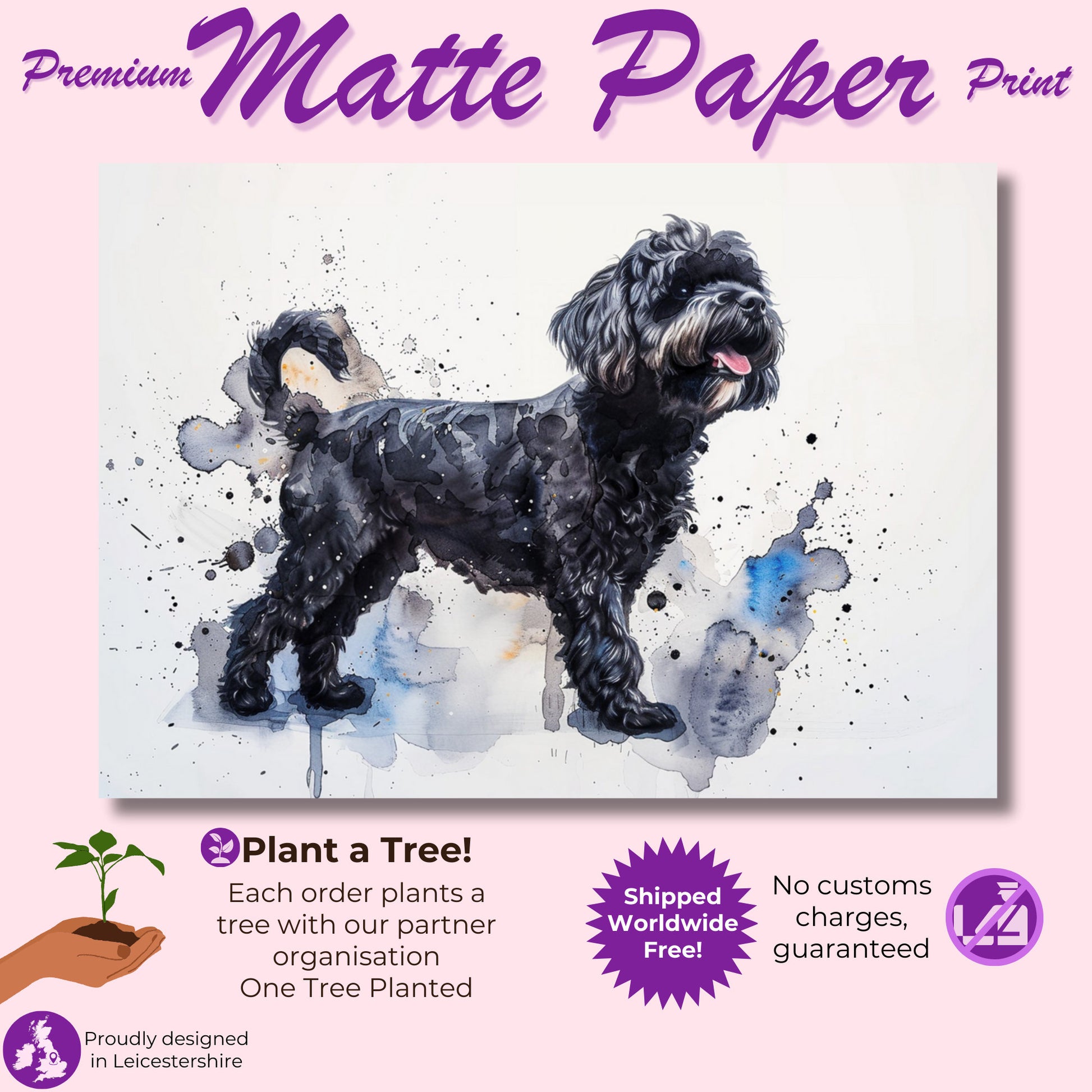 Black Cockapoo Canvas / Poster Print. Colourful Watercolour Happy Doodle Dog Painting Splatter Paint Splash Art, Cavapoo Wall Decor Gift - CanvasityCrafts - Free Shipping